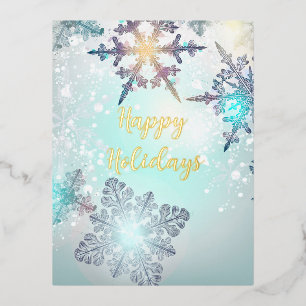 Happy Holidays Ice Blue Snowflake  Foil Holiday Postcard
