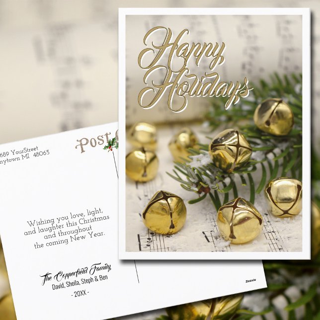 Happy Holidays Jingle Bells Gold White  Holiday Postcard (Wish your friends and family Happy Holidays with this festive postcard.  All text is fully editable.)