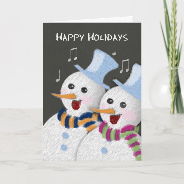 Happy Holidays Jolly Singing Snowmen Couple Holiday Card (Front)