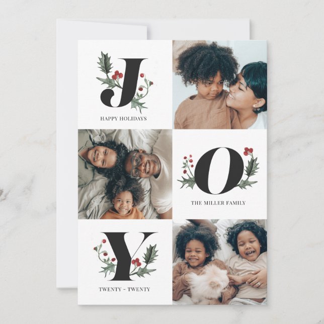 Happy Holidays Joy Greenery & Holly Family Photos Holiday Card (Front)