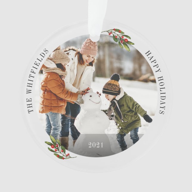 Happy Holidays Keepsake Christmas Family Photo Ornament (Front)