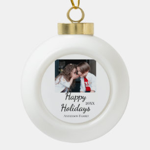 Happy holidays kids family photo modern gifts text ceramic ball christmas ornament