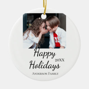 Happy holidays kids family photo modern gifts text ceramic tree decoration
