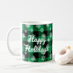 Happy Holidays l Snowflakes Green Buffalo Plaid Coffee Mug