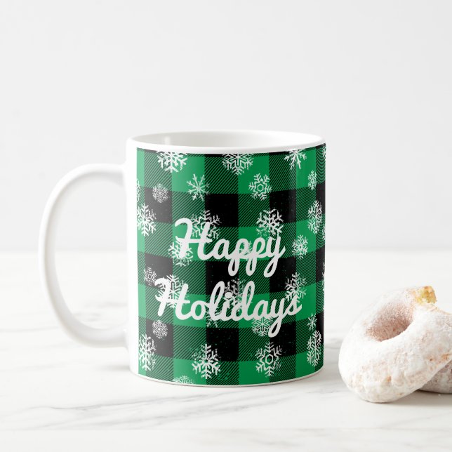 Happy Holidays l Snowflakes Green Buffalo Plaid Coffee Mug (With Donut)