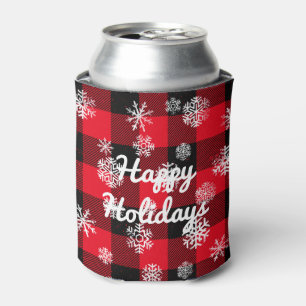 Happy Holidays l Snowflakes Red Buffalo Plaid Can Cooler