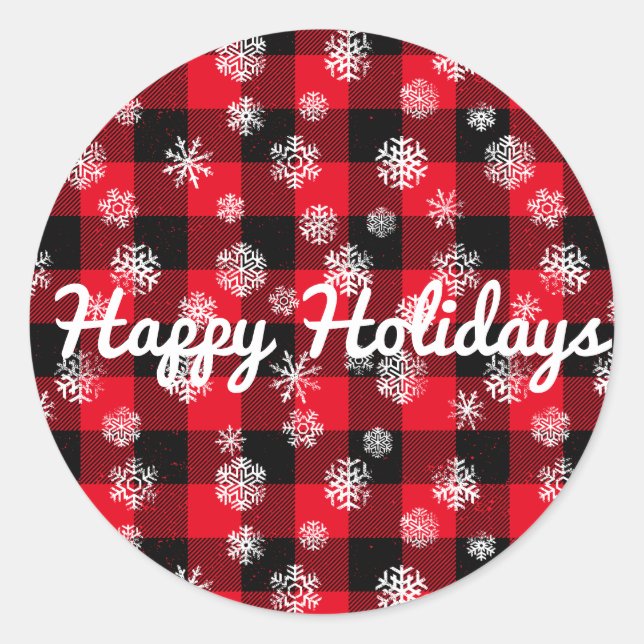 Happy Holidays l  Snowflakes Red Buffalo Plaid Classic Round Sticker (Front)