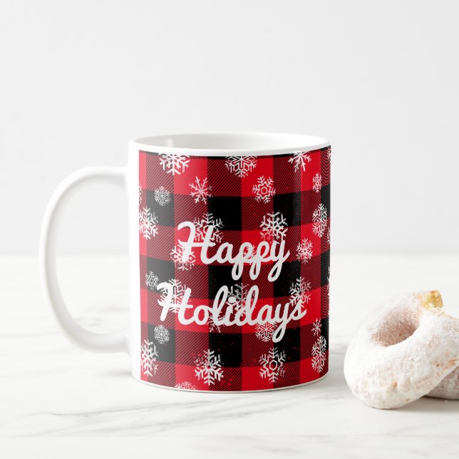 Happy Holidays l  Snowflakes Red Buffalo Plaid Coffee Mug (With Donut)