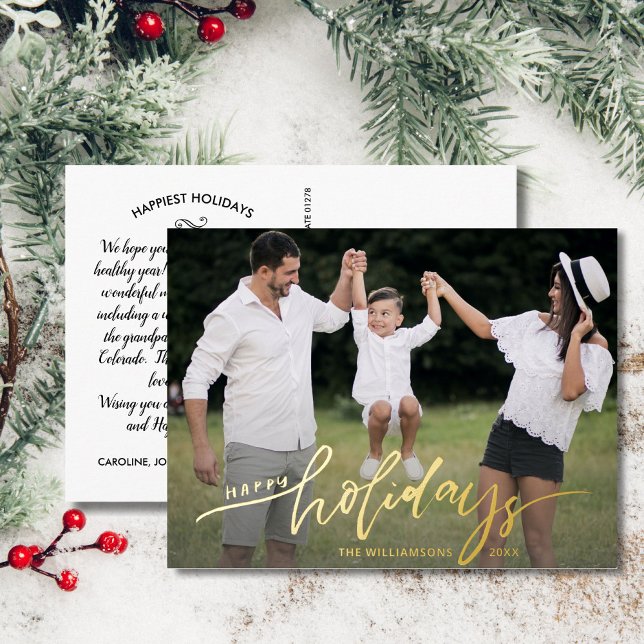Happy Holidays Large Photo Christmas Letter Gold Foil Holiday Postcard (Creator Uploaded)