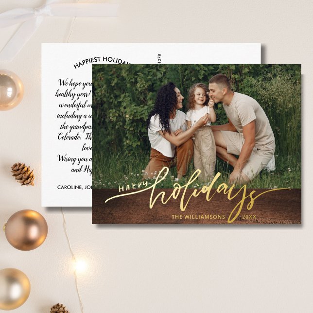 Happy Holidays Large Photo Christmas Letter Rustic Foil Holiday Postcard (Creator Uploaded)