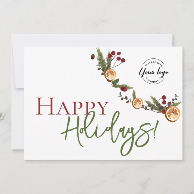 Happy Holidays leaves Oranges wreath Custom Logo Holiday Card (Front)