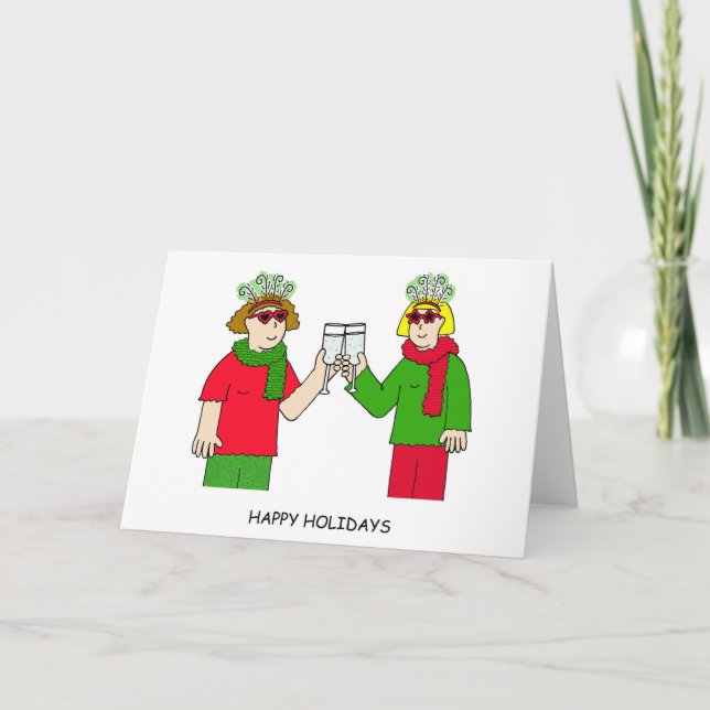 Happy Holidays Lesbian Couple in Funky Outfits Holiday Card (Front)
