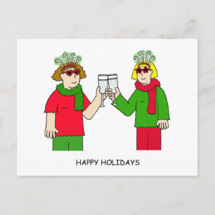 Happy Holidays Lesbian Couple in Funky Outfits Holiday Postcard