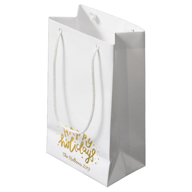 Happy Holidays Lettering Foil Gold Christmas Small Gift Bag (Front Angled)