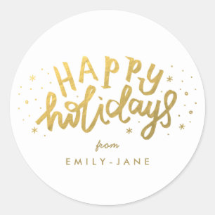 Happy Holidays Lettering Gold Christmas Classic Round Sticker