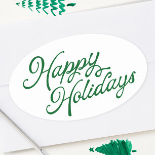 Happy Holidays Lettering Green and White Oval Sticker