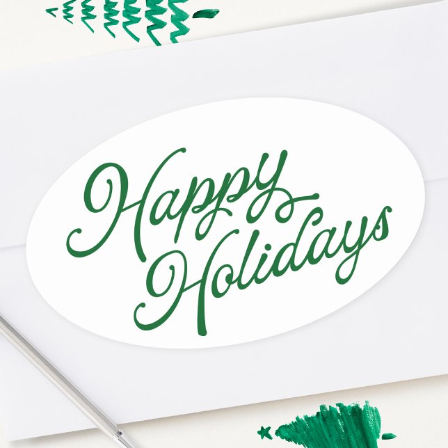 Happy Holidays Lettering Green and White Oval Sticker (Creator Uploaded)