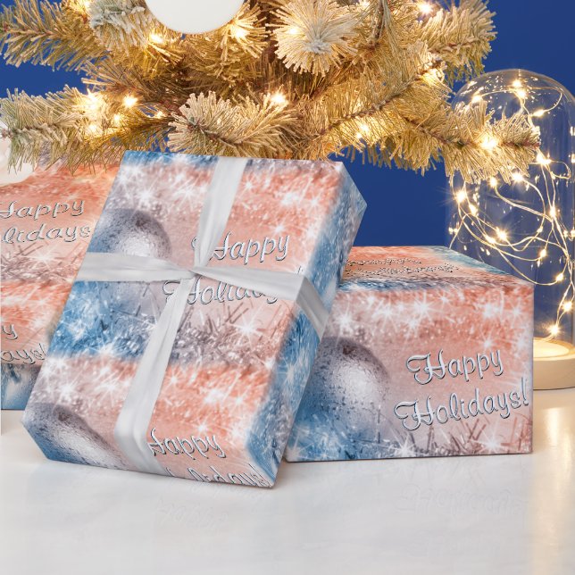 Happy Holidays Light Blue and Coral Christmas Wrapping Paper (Holidays)