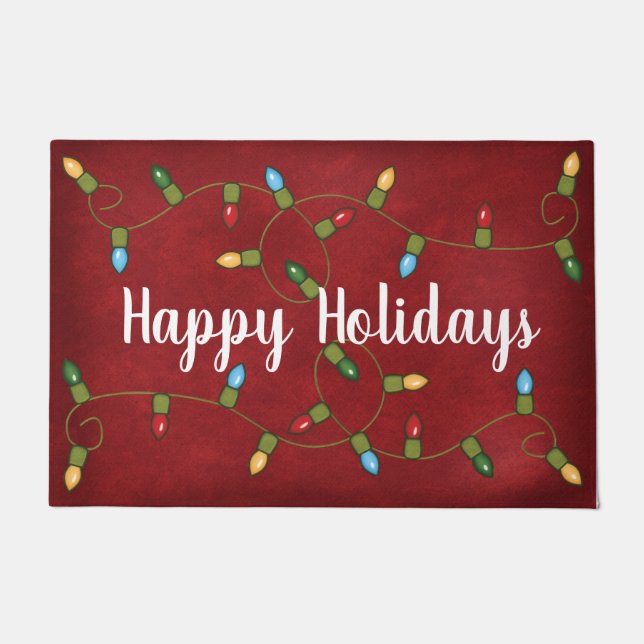 Happy Holidays Lights On Red Doormat (Front)