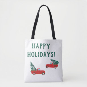 Happy Holidays Little Red Truck Christmas Tree Tote Bag