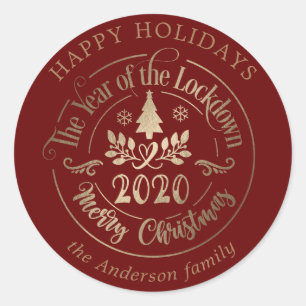 happy holidays lockdown year gold red classic round sticker