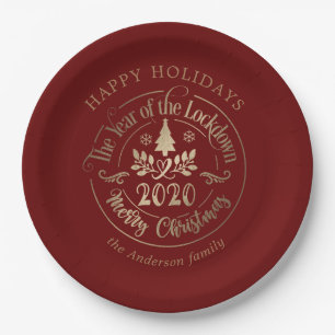 happy holidays lockdown year gold red paper plate