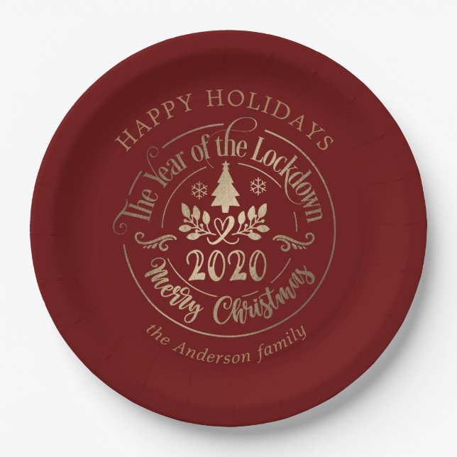 happy holidays lockdown year gold red paper plate (Front)