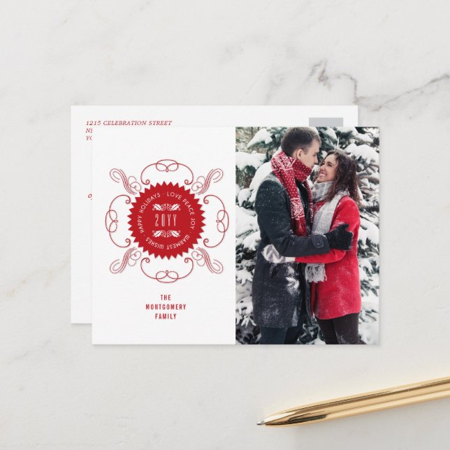 Happy Holidays Love Peace Joy Ornate Seal Photo Ho Holiday Postcard (Front/Back In Situ)