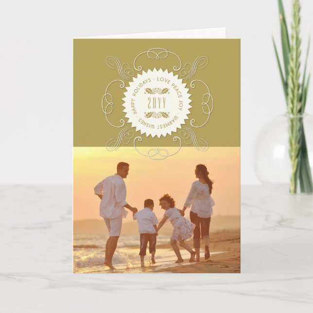 Happy Holidays Love Peace Joy Ornate Seal Photo Holiday Card (Front)