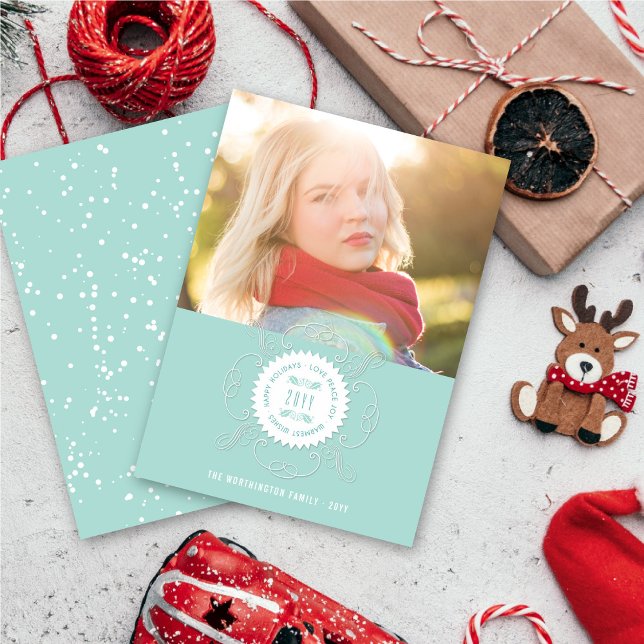 Happy Holidays Love Peace Joy Ornate Seal Photo Holiday Card (Creator Uploaded)