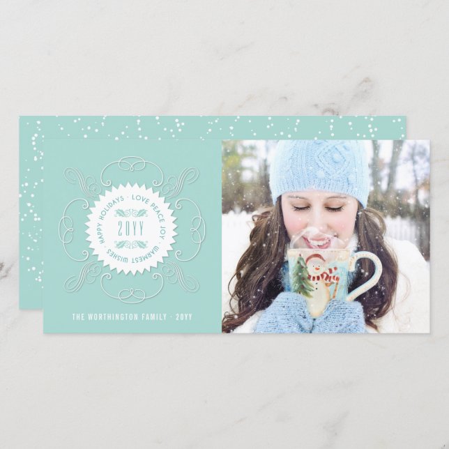 Happy Holidays Love Peace Joy Ornate Seal Photo Holiday Card (Front/Back)