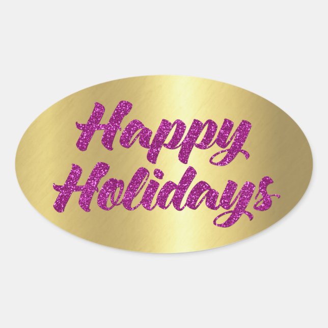 Happy Holidays Magenta Pink Glitter on Gold Oval Sticker (Front)