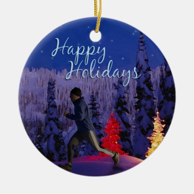 Happy Holidays - Male Runner Ceramic Tree Decoration (Front)