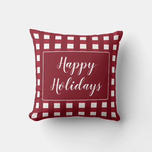 Happy Holidays Maroon White Buffalo Check Cushion (Front)