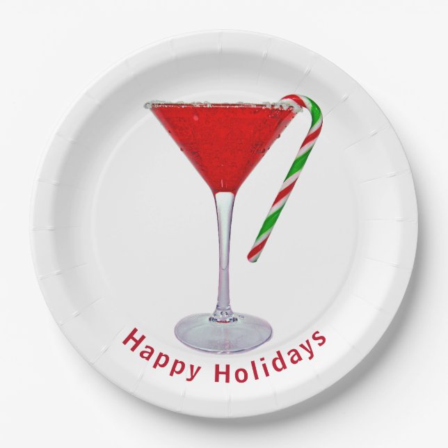 Happy Holidays Martini Glass   Paper Plate (Front)