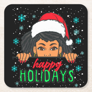 Happy Holidays melanin Christmas Black Girl Magic Square Paper Coaster