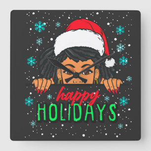 Happy Holidays melanin Christmas Black Girl Magic Square Wall Clock