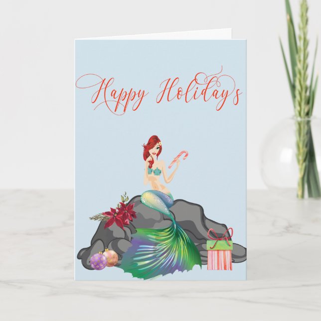 Happy Holidays Mermaid Pretty Christmas Holiday Card (Front)