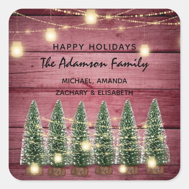 Happy Holidays Merry Christmas Tree Pink  Rustic Square Sticker (Front)