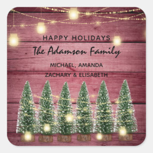 Happy Holidays Merry Christmas Tree Pink Rustic Square Sticker