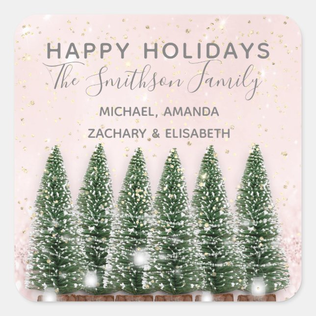 Happy Holidays Merry Christmas Trees Gold Pink Square Sticker (Front)