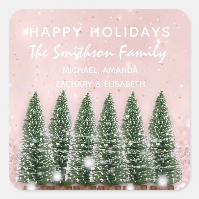 Happy Holidays Merry Christmas Trees Name Pink Square Sticker (Front)