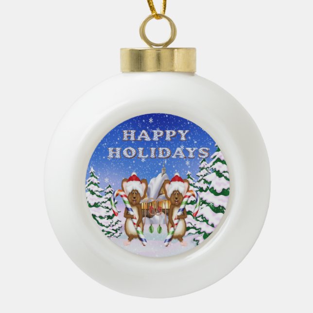 Happy Holiday's Mice Ceramic Ball Ornaments (Front)