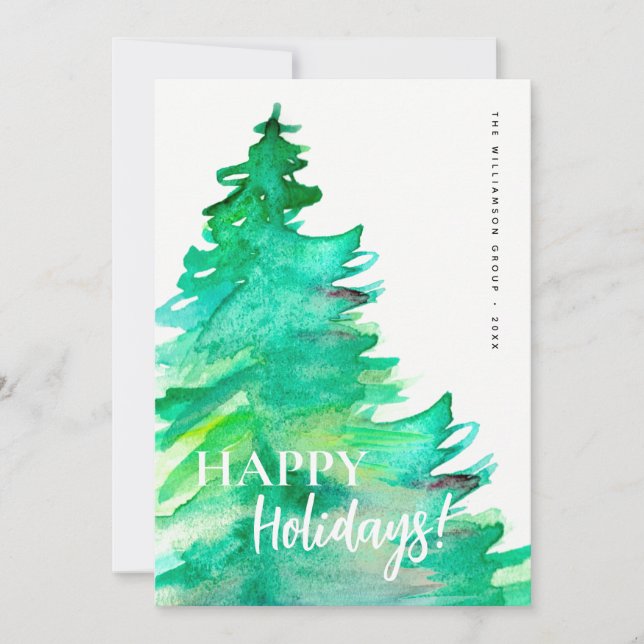 Happy Holidays Minimal Pine watercolor Business Holiday Card (Front)
