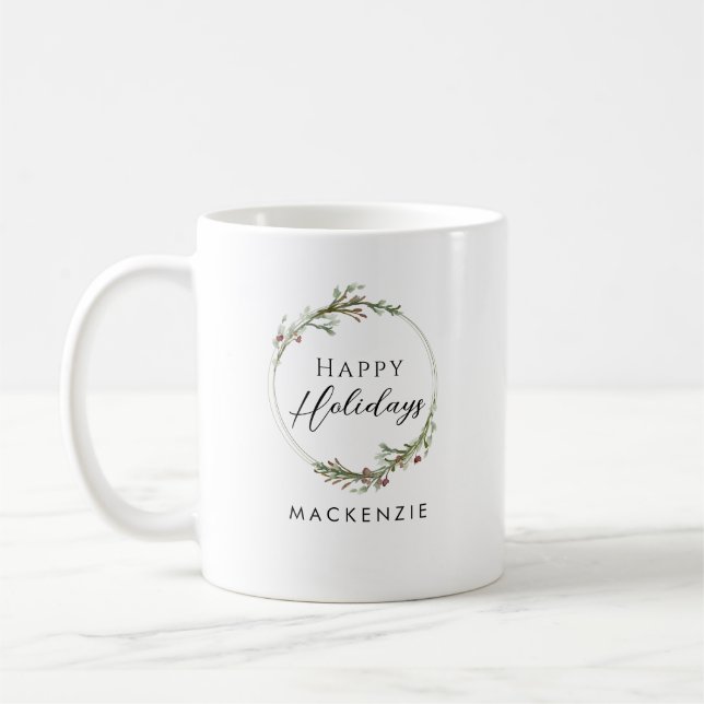 Happy Holidays Minimalist Name Wreath Coffee Mug (Left)