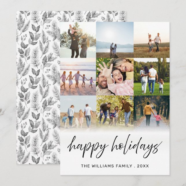 Happy Holidays Minimalist Script 9 Photo Collage Holiday Card (Front/Back)