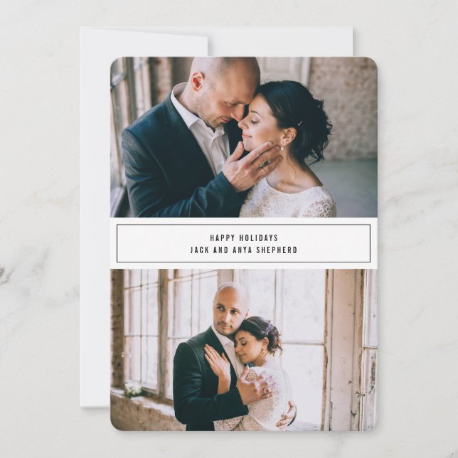 Happy Holidays Minimalist Two Photo Christmas Card (Front)