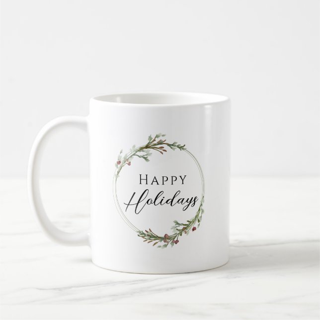 Happy Holidays Minimalist Wreath Coffee Mug (Left)