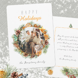 Happy Holidays Minimalist Wreath Orange Photo Holiday Card