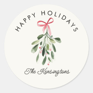 Happy Holidays Mistletoe Custom Family Name Classic Round Sticker
